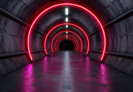 Glowing neon tunnel in dark underground passageの素材