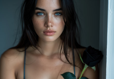 Pensive woman with dark hair and blue eyesの素材