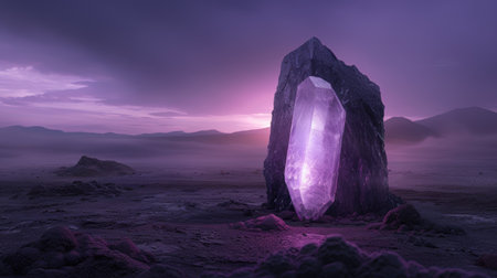 Glowing crystal monolith in dramatic landscapeの素材