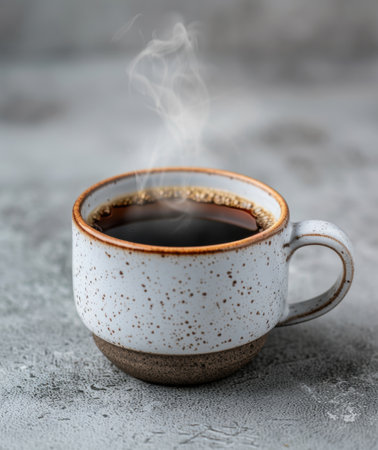 Steaming hot cup of coffee on a gray backgroundの素材