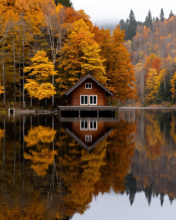 Cozy cabin in the woods during autumnの素材
