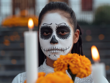 woman with day of the dead makeup holding marigold flowersの素材