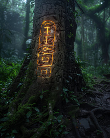 Glowing ancient symbols on tree trunk in dark forestの素材