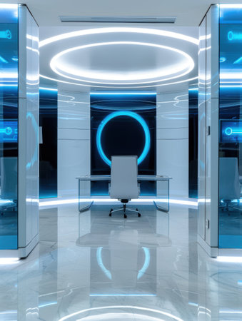 Futuristic office interior with glowing blue accentsの素材