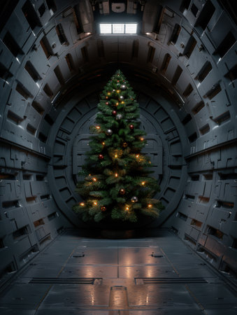 Christmas tree in futuristic sci-fi hallwayの素材