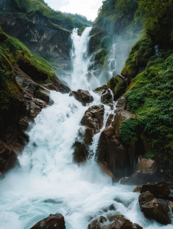 Lush green waterfall cascading through rocky ravineの素材