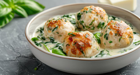Delicious homemade herb dumplings in a creamy sauceの素材