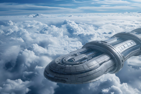 futuristic spacecraft flying above the cloudsの素材