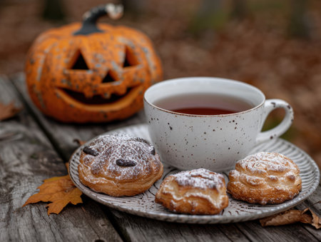 cozy autumn scene with pumpkin, tea, and pastriesの素材