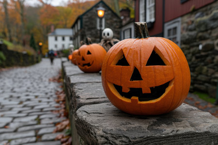 Festive Halloween pumpkins and decorations in a quaint villageの素材