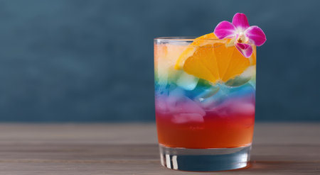 Colorful cocktail with orange slice and flower garnishの素材