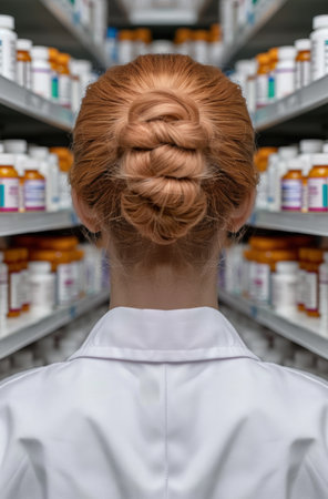 pharmacist with intricate hairstyle in pharmacyの素材