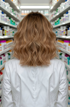 woman with wavy brown hair in a pharmacy aisleの素材