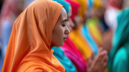 woman in orange headscarf looking thoughtfulの素材