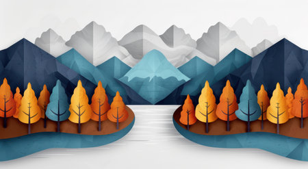 Serene mountain landscape with colorful autumn treesの素材