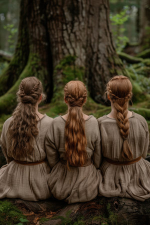 Three women with braided hairstyles in a forest settingの素材