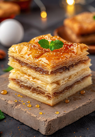 Delicious layered baklava pastry with honey and nutsの素材