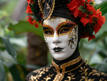 Ornate venetian carnival mask with red flowersの素材