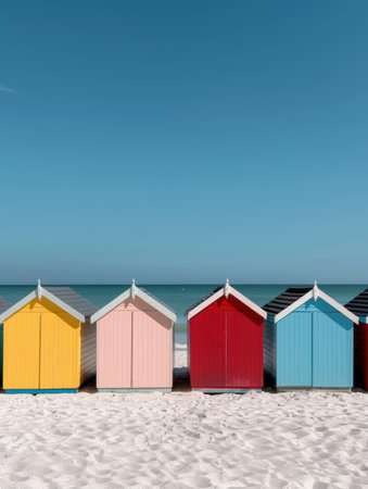 Colorful beach huts on sandy beach with blue skyの素材