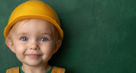 Smiling child in yellow construction helmetの素材