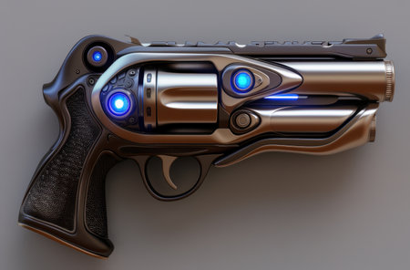 Futuristic sci-fi handgun with glowing blue lightsの素材
