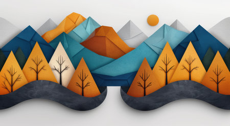 abstract geometric landscape with mountains and treesの素材