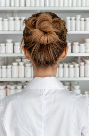 Pharmacist with elaborate hairstyle in front of shelvesの素材