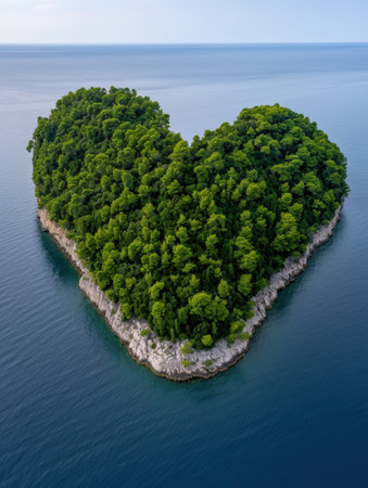 heart-shaped island surrounded by serene blue watersの素材