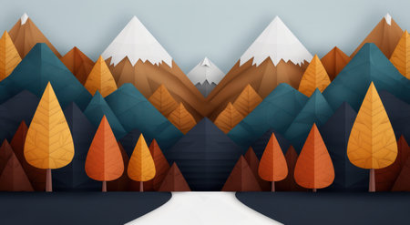 Autumn mountain landscape with colorful trees and snowy peaksの素材