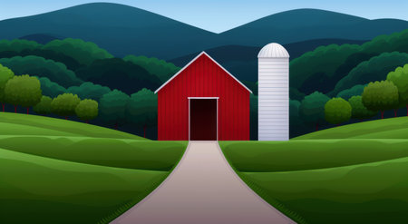 Scenic Countryside Landscape with Red Barn and Siloの素材