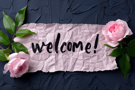 welcome message with pink rosesの素材