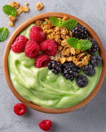 Healthy green smoothie bowl with fresh berries and granolaの素材