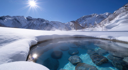 Serene winter landscape with hot spring poolの素材