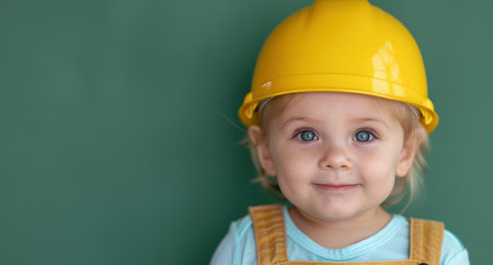 Smiling young child wearing construction helmetの素材