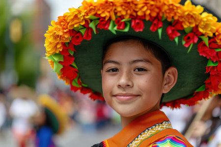 smiling child in colorful flower crownの素材