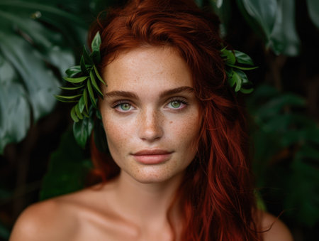 Redheaded woman with freckles and green eyes surrounded by lush greeneryの素材