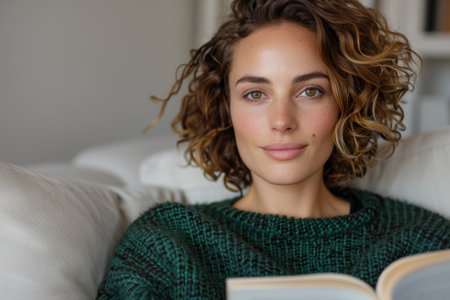 Cozy woman reading book on sofaの素材