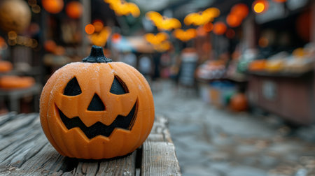 spooky halloween pumpkin on wooden surfaceの素材
