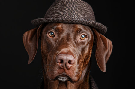 Thoughtful dog wearing a hatの素材