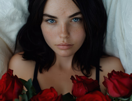 beautiful woman with dark hair and blue eyes surrounded by red rosesの素材