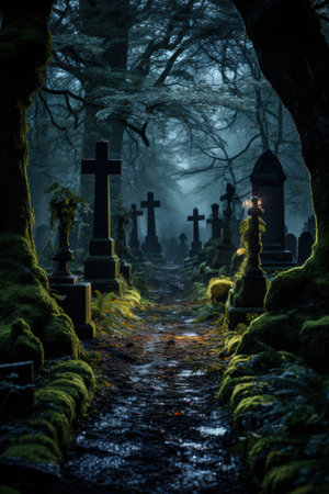 Eerie graveyard path in dark forestの素材