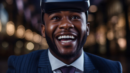Smiling businessman in virtual reality headsetの素材