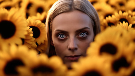 Mysterious woman surrounded by sunflowersの素材