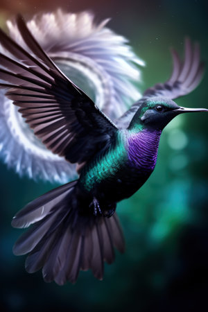 Vibrant hummingbird in flight with colorful feathersの素材