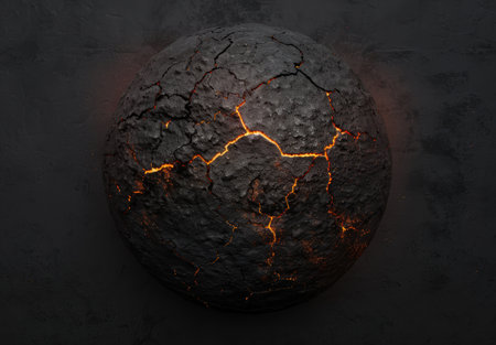 Glowing molten lava sphere in dark environmentの素材