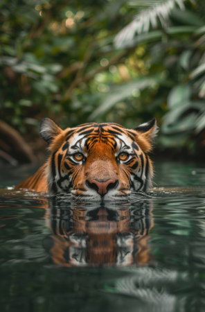 Majestic tiger swimming in lush jungle watersの素材