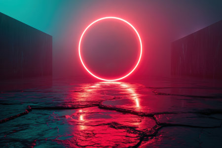 Glowing red circle reflected in waterの素材