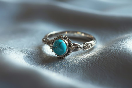 Elegant turquoise ring on blue fabricの素材