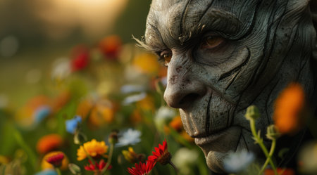 Weathered face of an elderly person surrounded by colorful flowersの素材
