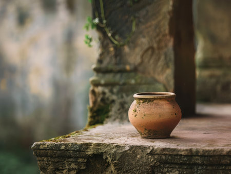 Rustic clay pot on stone ledge in forestの素材